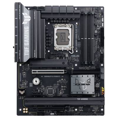 TUF Gaming Mainboard mit mehreren Steckplätzen und Anschlüssen, mit Betonung auf Haltbarkeit und Stabilität. ASUS-Markenlogo sichtbar.