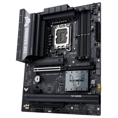 TUF Gaming Mainboard mit schwarzem Design, sichtbarem CPU-Sockel, RAM-Steckplätzen und Branding-Elementen. Entwickelt für Langlebigkeit und Stabilität.
