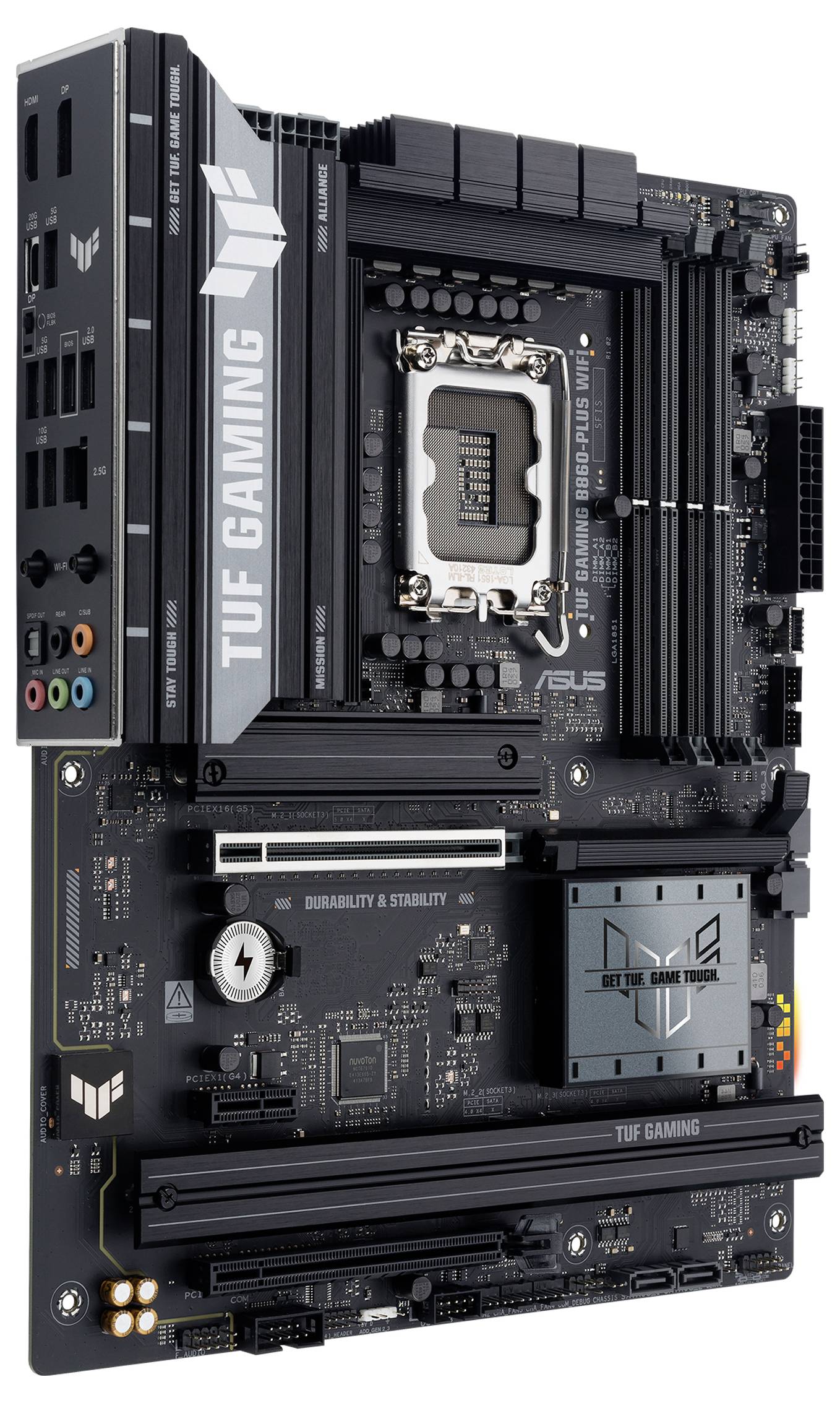 Eine Computermotherboard mit der Aufschrift 'TUF Gaming' zeigt mehrere Steckplätze und Anschlüsse und demonstriert damit ihr Design für Gaming und Leistung.