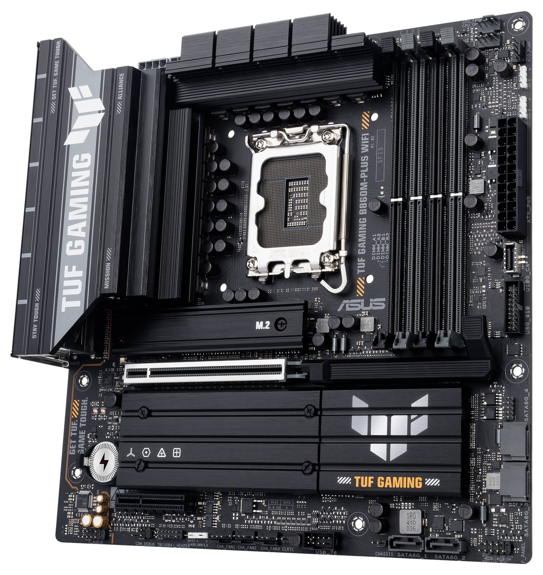 ASUS TUF Gaming B660M-PLUS WiFi Motherboard mit LGA 1700 Sockel, PCIe 4.0 Steckplätzen und M.2 Unterstützung, entwickelt für Gaming-PCs.