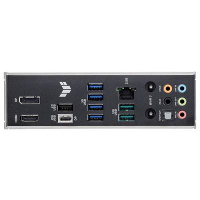 Rückseite eines ComputerMainboards mit HDMI, mehreren USB-Anschlüssen, Ethernet, Audioausgängen, einem Einschaltknopf und einem BIOS-Reset.