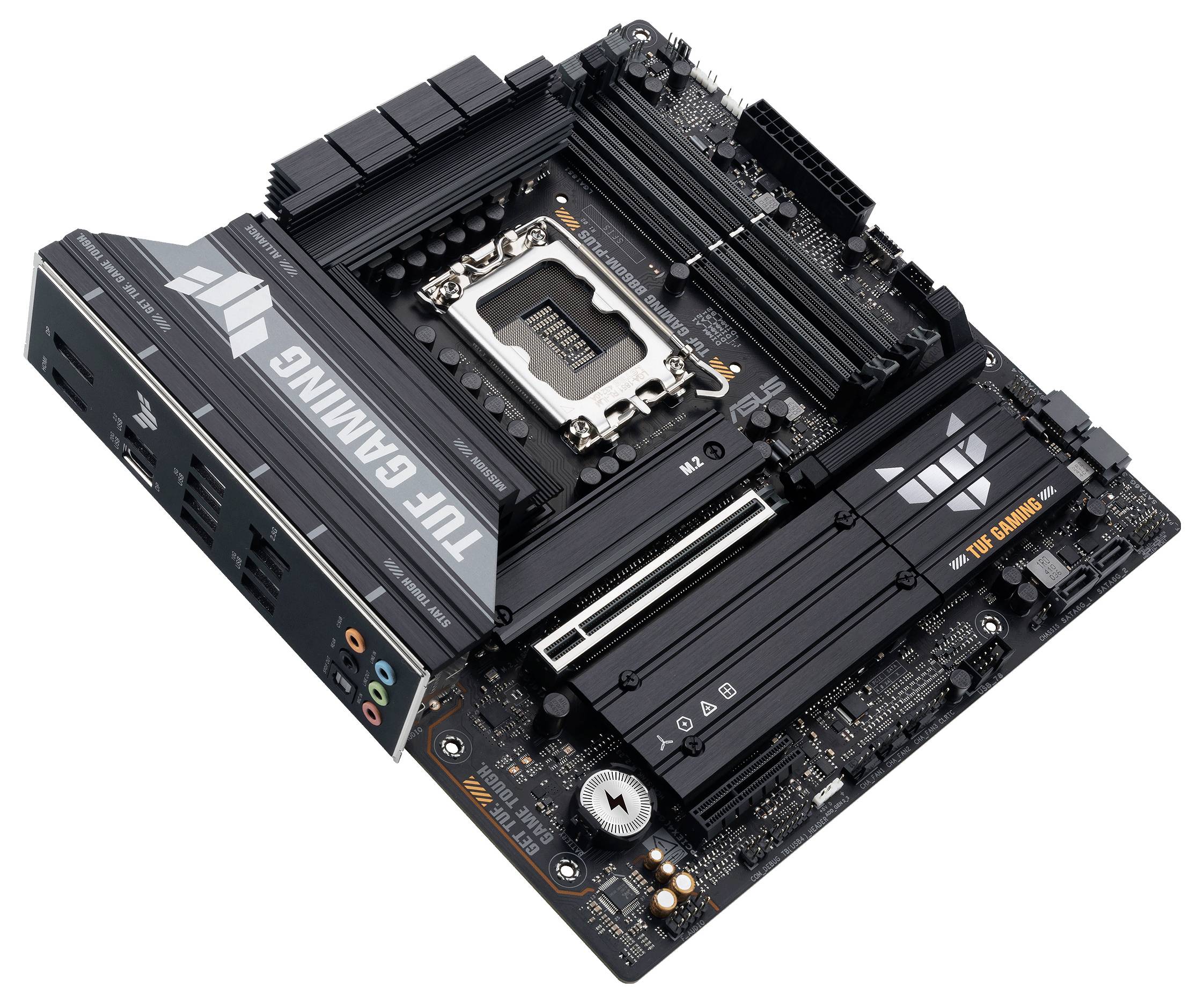 ASUS TUF Gaming Mainboard mit mehreren Steckplätzen und Anschlüssen, entwickelt für High-Performance-Computing und Gaming-Setups.