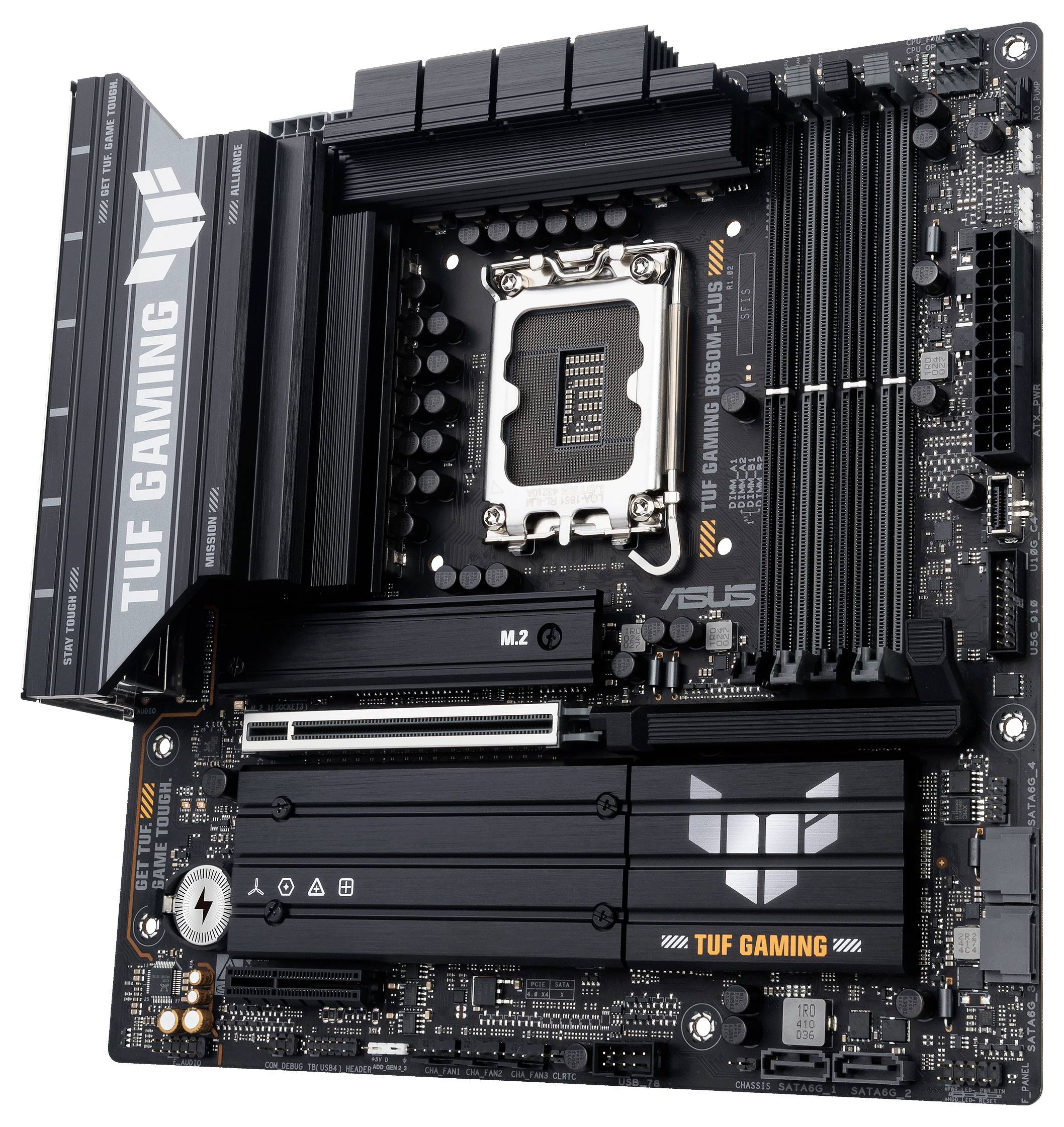 ASUS TUF Gaming Mainboard, schwarzes Design mit markanten TUF Gaming Logos, doppelte M.2 Steckplätze und mehrere RAM-Steckplätze, konzipiert für Gaming-PCs.