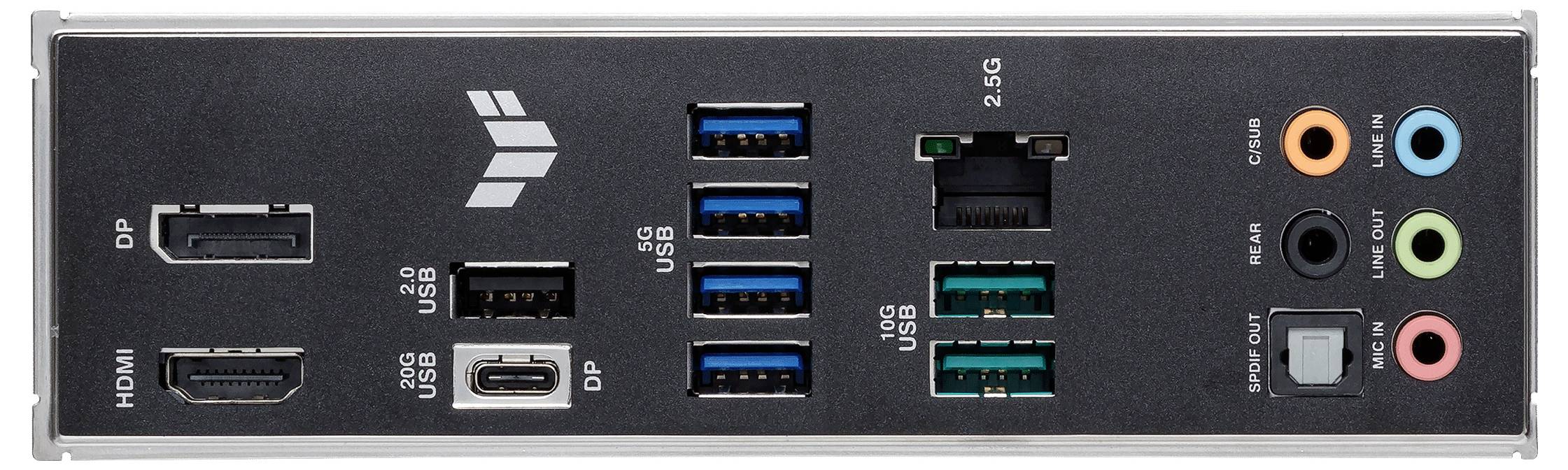 Rückseite des I/O-Panels eines Motherboards mit mehreren Anschlüssen, einschließlich HDMI, DisplayPort, USB 2.0, USB 3.0, USB-C, Ethernet und Audioports.