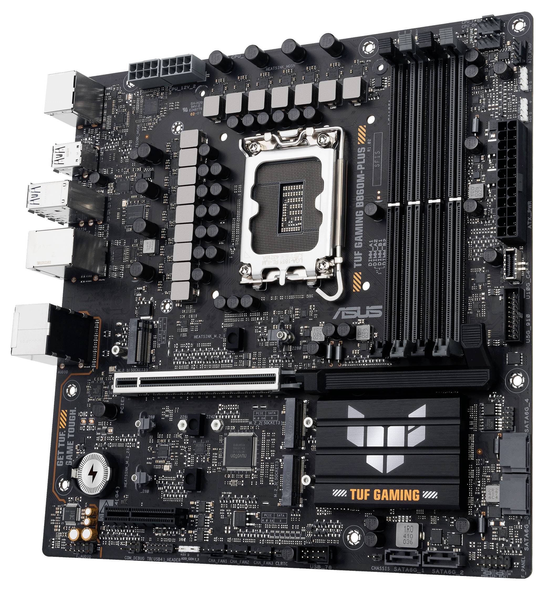 Ein TUF Gaming B660M-PLUS D4 Mainboard mit Steckplätzen für RAM, PCIe-Komponenten, USB-Anschlüssen und einem sichtbaren CPU-Sockel.