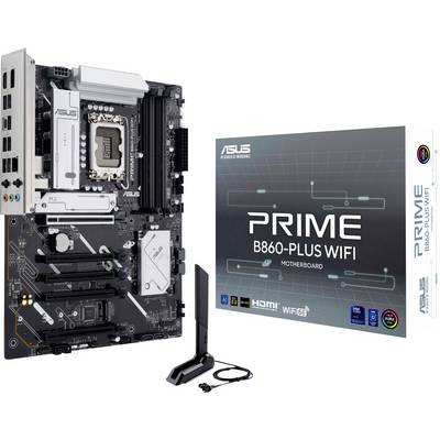 ASUS Prime B860-Plus WiFi Mainboard mit Sockel für Intel-Prozessoren, PCIe-Steckplätzen, verschiedenen Anschlüssen; inklusive Antenne und Verpackung.