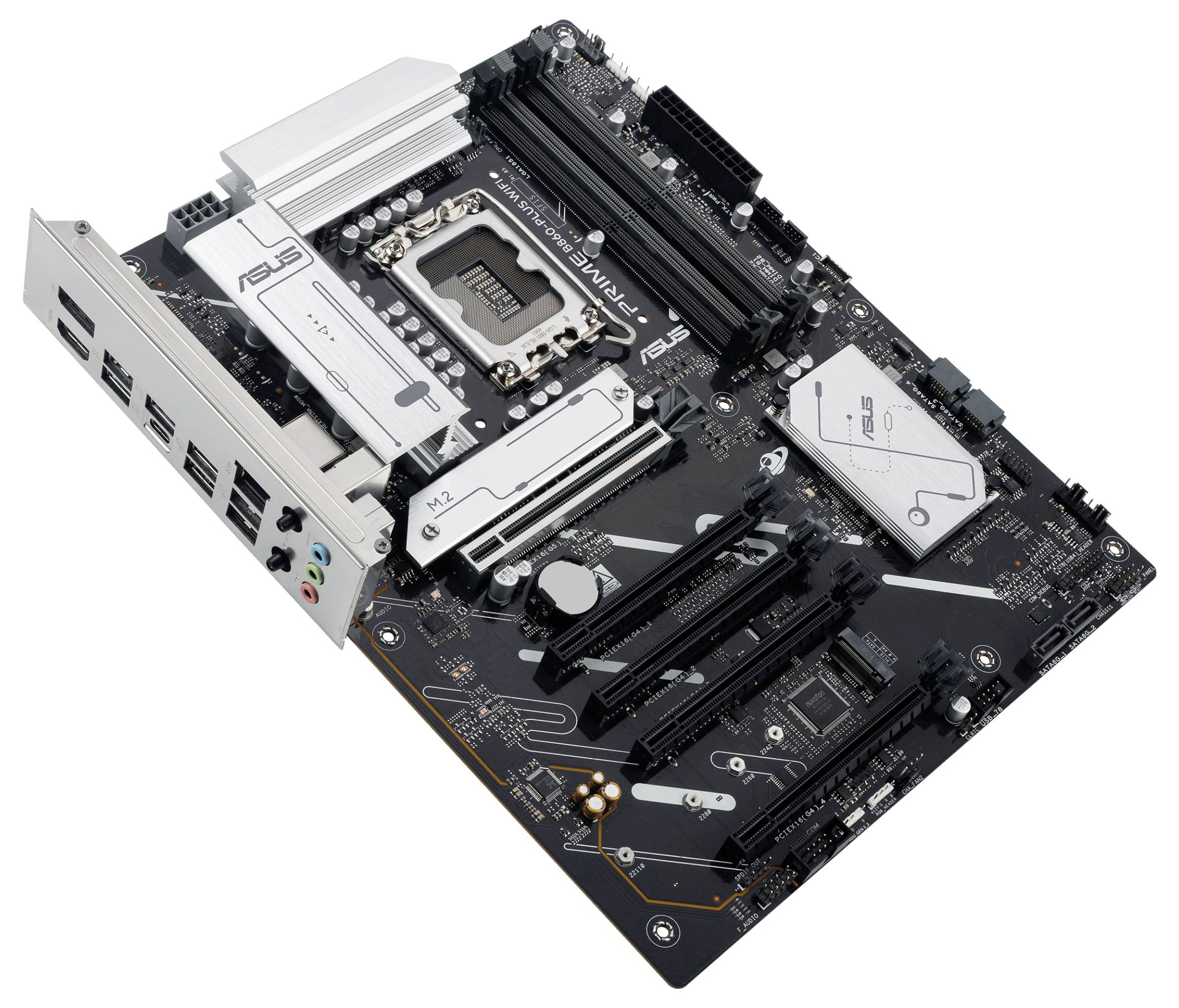 Eine Computermotherboard mit mehreren Steckplätzen und Anschlüssen, einschließlich RAM-Steckplätzen, PCIe-Steckplätzen und USB-Anschlüssen, die für die Hardware-Konnektivität wesentlich sind.