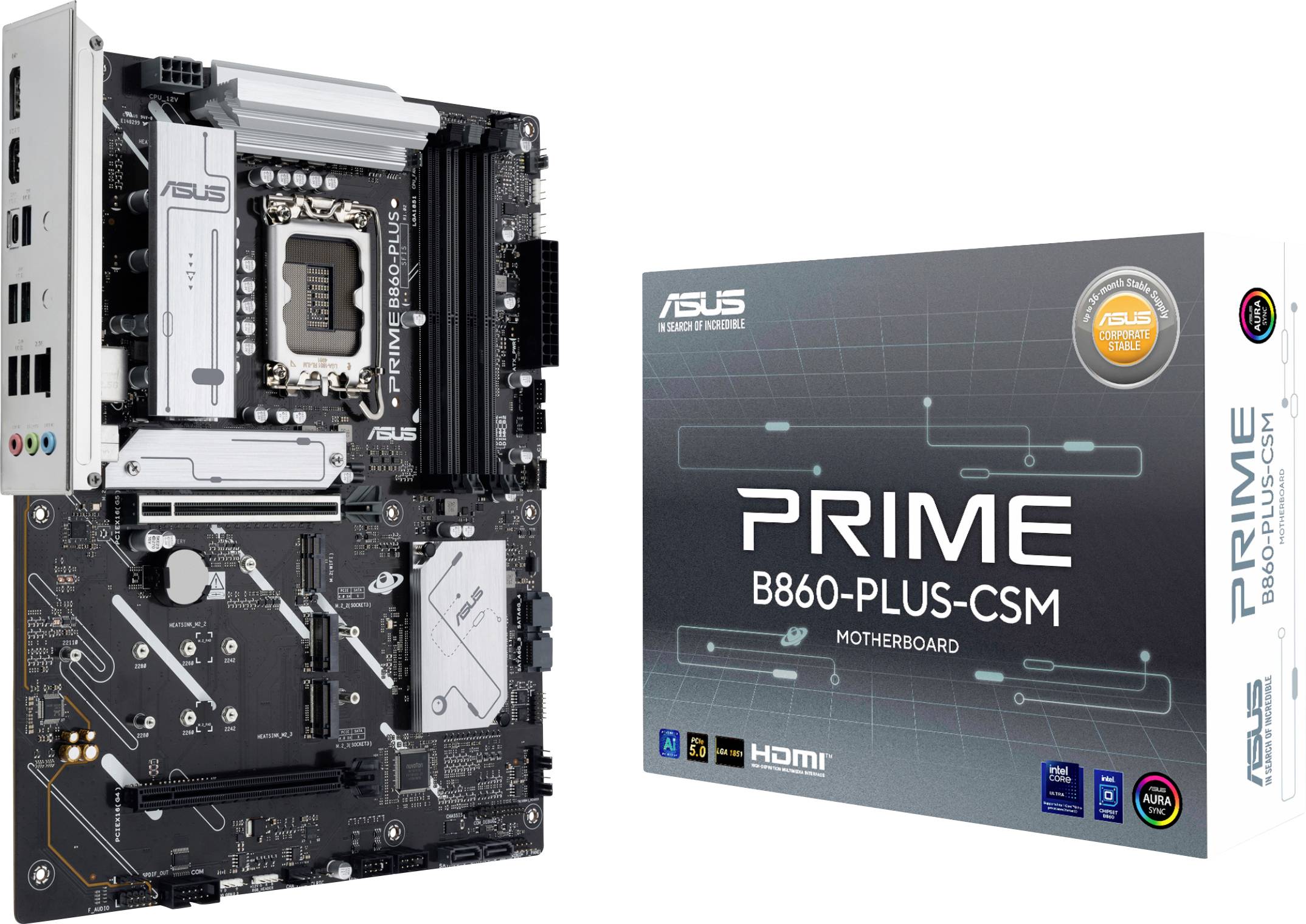 Computermotherboard mit verschiedenen Steckplätzen und Anschlüssen neben ihrer Verpackungsbox, die mit 'ASUS PRIME B860-PLUS-CSM' beschriftet ist.