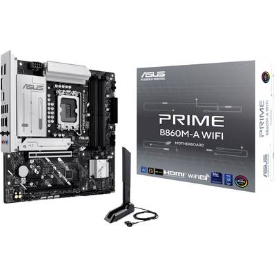 ASUS Prime B660M-A WiFi Mainboard und Verpackung, mit WLAN-Funktionalität, verschiedenen Anschlüssen und Komponenten, inklusive Antenne.