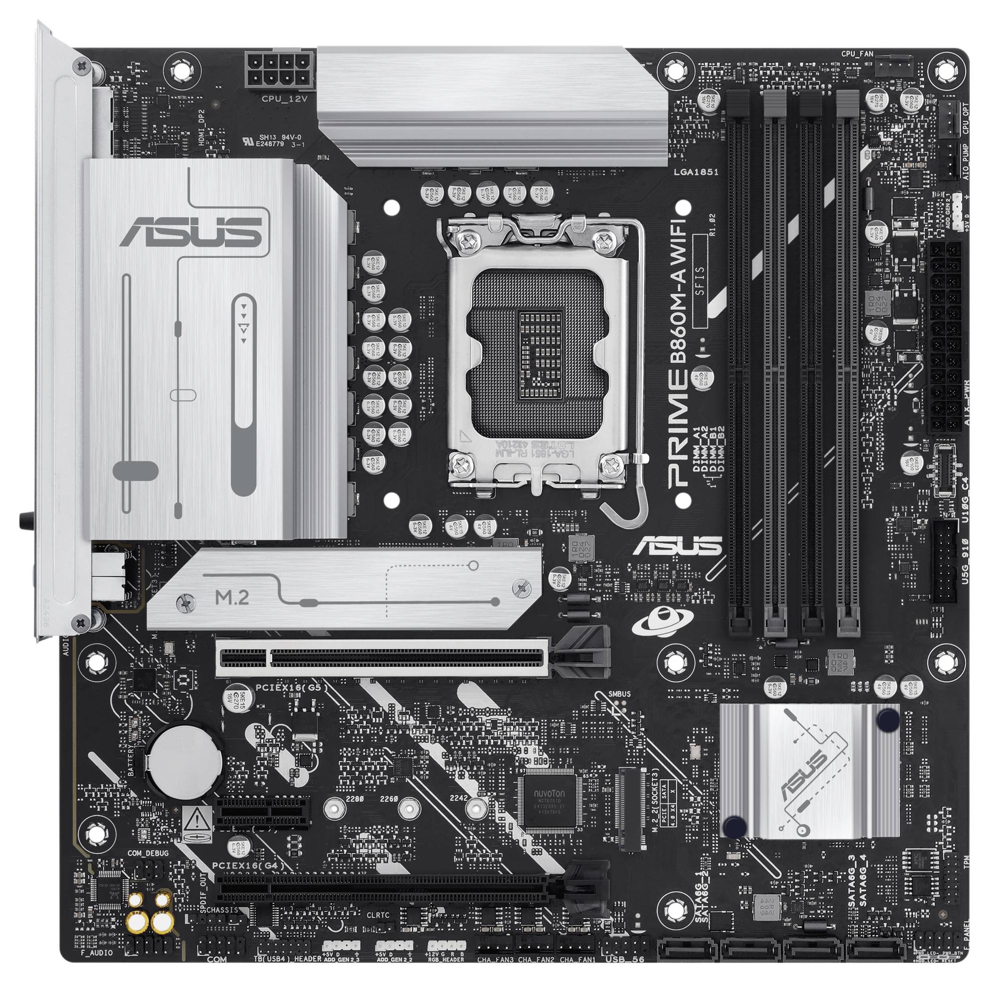 Eine Computermotherboard mit mehreren Anschlüssen, RAM-Steckplätzen und Komponenten, beschriftet mit 'ASUS PRIME B660-M'.