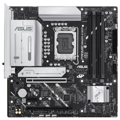 Eine Computermotherboard mit mehreren Anschlüssen, RAM-Steckplätzen und Komponenten, beschriftet mit 'ASUS PRIME B660-M'.