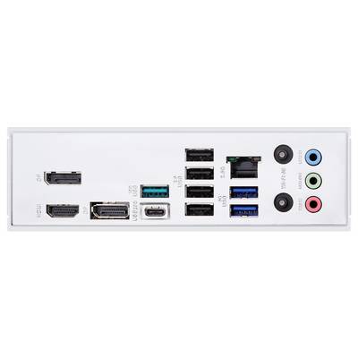 Rückseite eines Computermotheboards mit verschiedenen Anschlüssen: zwei HDMI-Ports, DP, USB-C, mehrere USB-A-Anschlüsse, Ethernet und Audioausgänge.