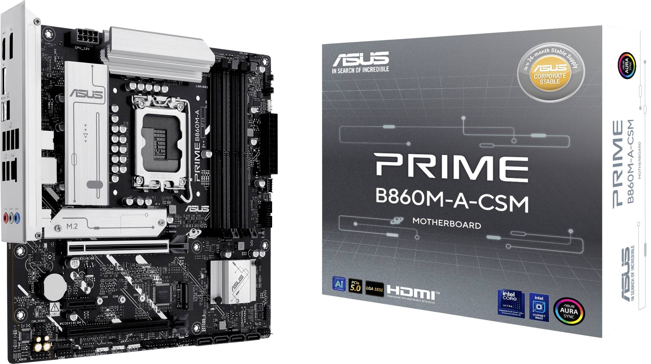 Eine Computermotherboard neben ihrer Verpackungsbox mit der Aufschrift "ASUS Prime B660M-A-CSM". Die Box zeigt Branding und verschiedene Spezifikationen.