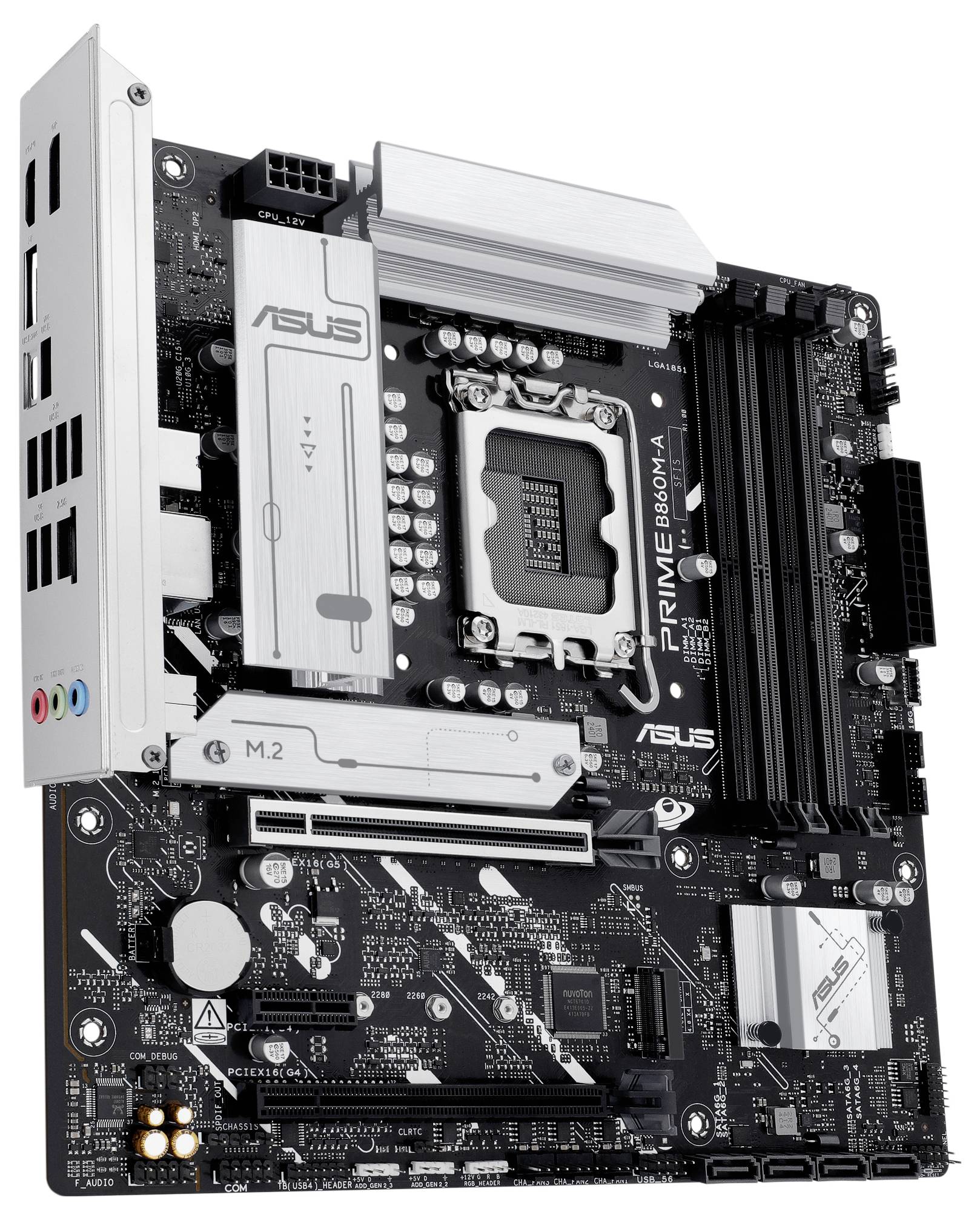 Eine schwarze ASUS PRIME B660M-A Mainboard mit verschiedenen Steckplätzen und Anschlüssen, einschließlich RAM-Steckplätzen, CPU-Sockel und Erweiterungssteckplätzen.