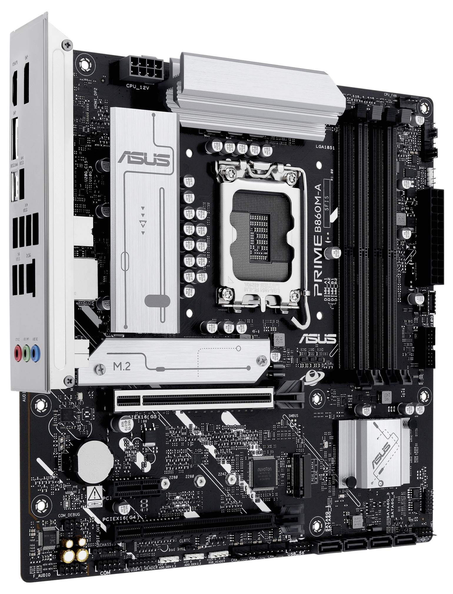 Eine Nahaufnahme eines Computermotherboards mit Steckplätzen für RAM, einem CPU-Sockel, verschiedenen Anschlüssen und Verbindern, typisch für ein Micro-ATX-Formfaktor.