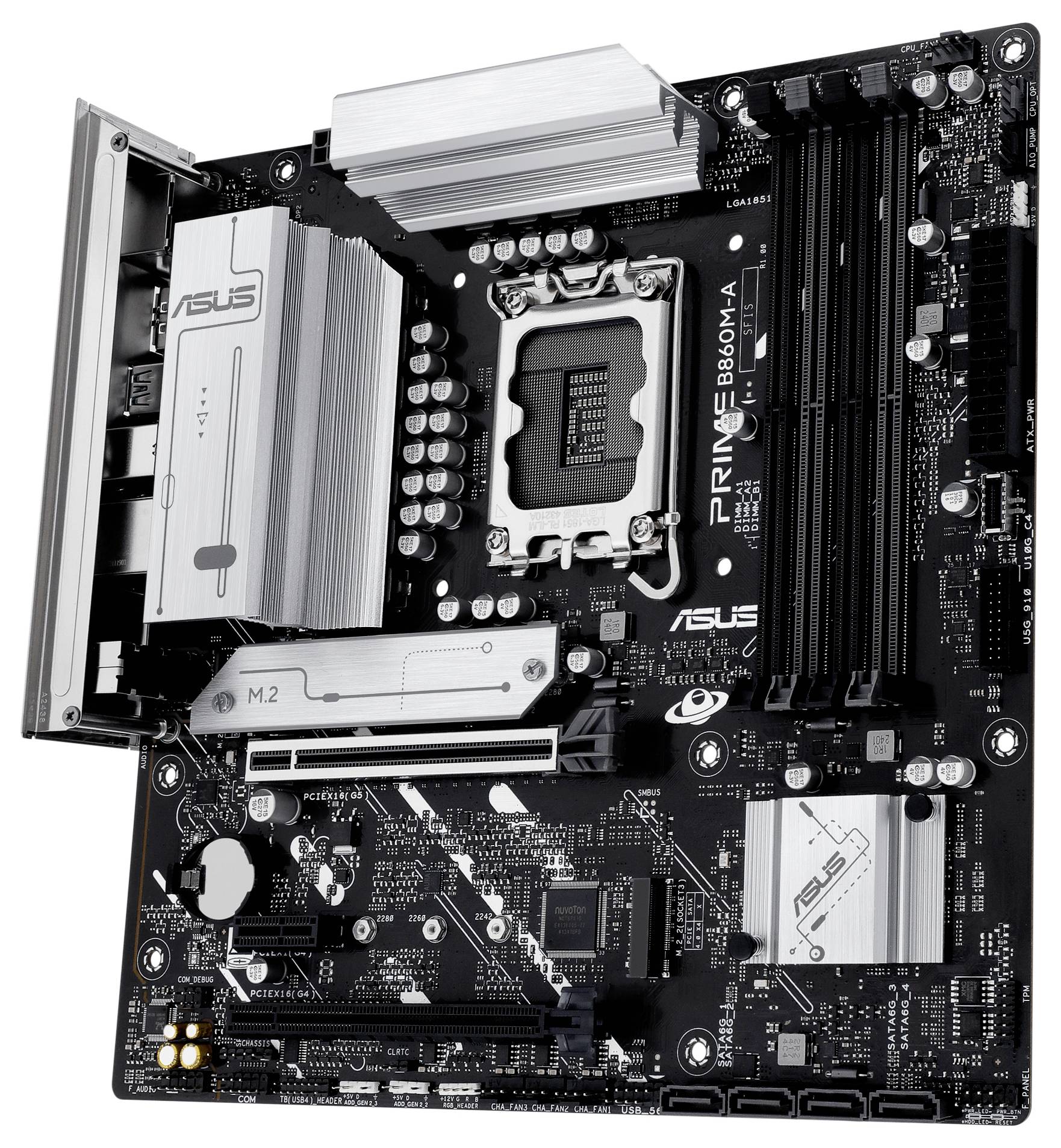 Eine schwarze ASUS PRIME B560M-A Mainboard mit LGA 1200 Sockel, M.2 Steckplatz, mehreren RAM-Steckplätzen und verschiedenen Anschlüssen.