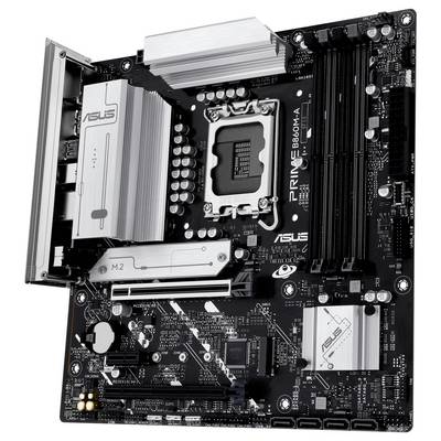 Eine schwarze ASUS PRIME B560M-A Mainboard mit LGA 1200 Sockel, M.2 Steckplatz, mehreren RAM-Steckplätzen und verschiedenen Anschlüssen.
