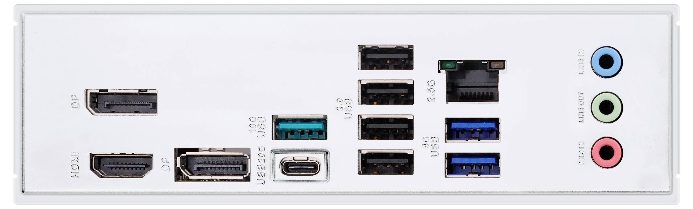 Eine Mainboard-Rückseite mit I/O-Panel, das mehrere Anschlüsse umfasst: HDMI, DisplayPort, USB, Ethernet, Audiobuchsen für Mikrofon, Line-In und Line-Out.