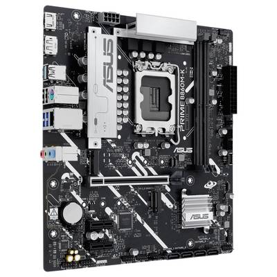Eine schwarze ASUS-Motherboard mit einem silbernen Kühlkörper, beschriftet mit 'PRIME B660M-K'. Sie verfügt über verschiedene Anschlüsse, Steckplätze und Komponenten für den Computeraufbau.