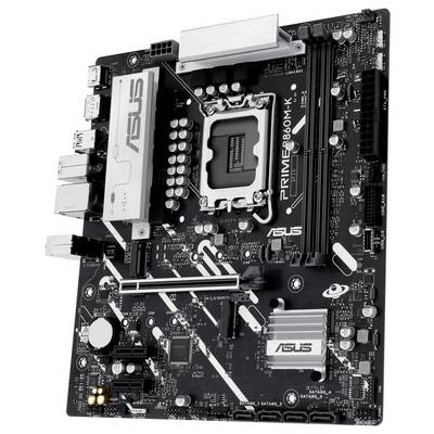 Eine schwarze ASUS PRIME B660M-K Mainboard, das verschiedene Steckplätze und Anschlüsse wie PCIe, RAM-Steckplätze und Stromverbinder aufweist und für den Computeraufbau konzipiert ist.