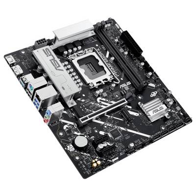 Eine ASUS-Computermotherboard mit beschrifteten Steckplätzen und Anschlüssen für Komponenten, die Schaltkreise und Verbinder für den Zusammenbau zeigt.