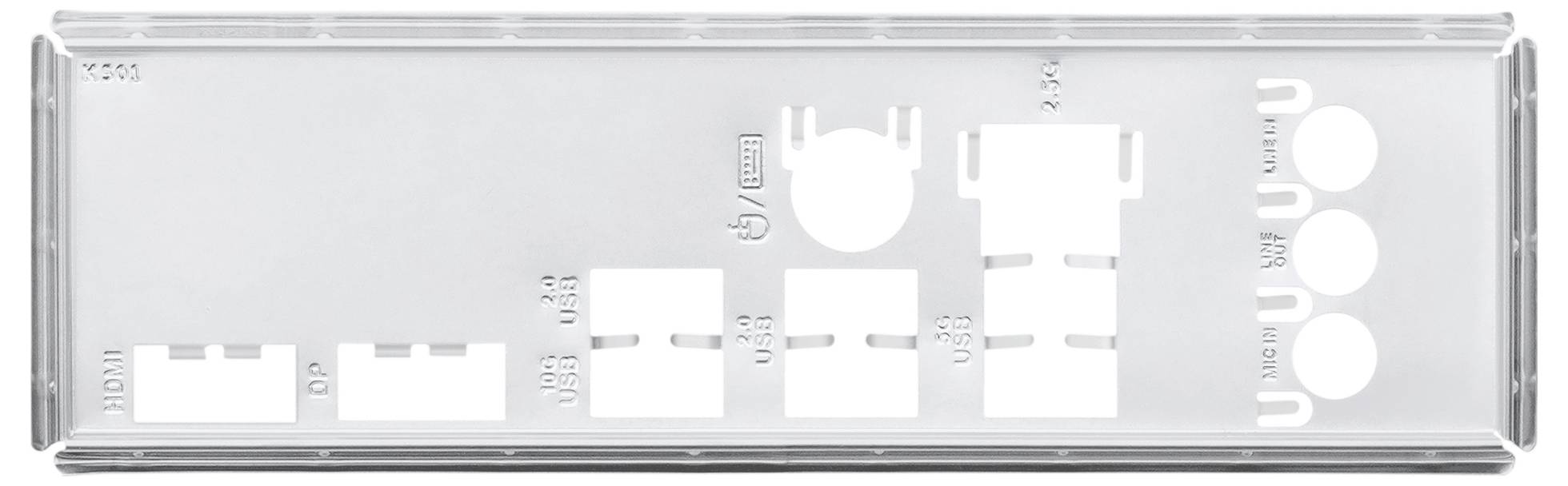 'PC-Mainboard-I/O-Blende mit Anschlüssen, beschriftet mit HDMI, DP, USB-Ports, Ethernet; entwickelt, um mit den entsprechenden Anschlüssen auf einem Mainboard bündig abzuschließen.'
