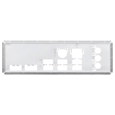 'PC-Mainboard-I/O-Blende mit Anschlüssen, beschriftet mit HDMI, DP, USB-Ports, Ethernet; entwickelt, um mit den entsprechenden Anschlüssen auf einem Mainboard bündig abzuschließen.'