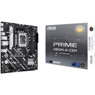 ASUS Prime H810M-A-CSM Mainboard und dessen Verpackung. Das Mainboard verfügt über verschiedene Anschlüsse und Schaltkreise, die für den Computeraufbau konzipiert sind.