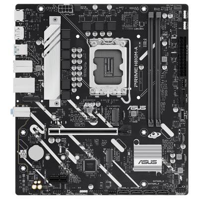 Eine Hauptplatine mit der Bezeichnung 'PRIME H610M-A', die verschiedene Komponenten und Anschlüsse wie RAM-Steckplätze, CPU-Sockel und PCIe-Steckplätze für den Computeraufbau zeigt.