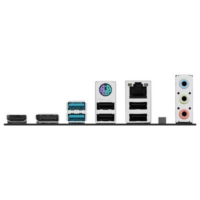 Eine Rückansicht der Ein-/Ausgabeanschlüsse eines Computermotherboards, einschließlich HDMI, DisplayPort, USB, PS/2, Ethernet und Audioausgängen.