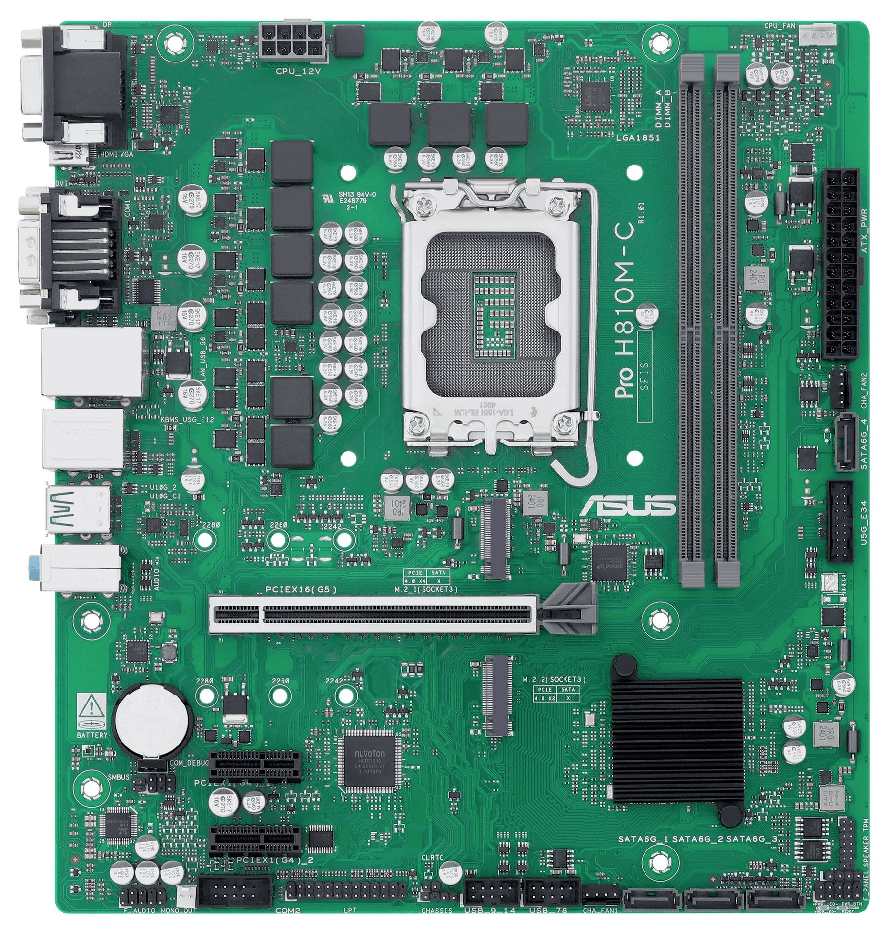 Eine grüne Computer-Motherboard mit der Beschriftung 'Pro H610M-C', die einen CPU-Sockel, RAM-Steckplätze sowie verschiedene Anschlüsse und Komponenten zeigt.