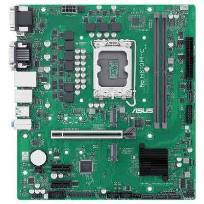 Eine grüne Computer-Motherboard mit der Beschriftung 'Pro H610M-C', die einen CPU-Sockel, RAM-Steckplätze sowie verschiedene Anschlüsse und Komponenten zeigt.