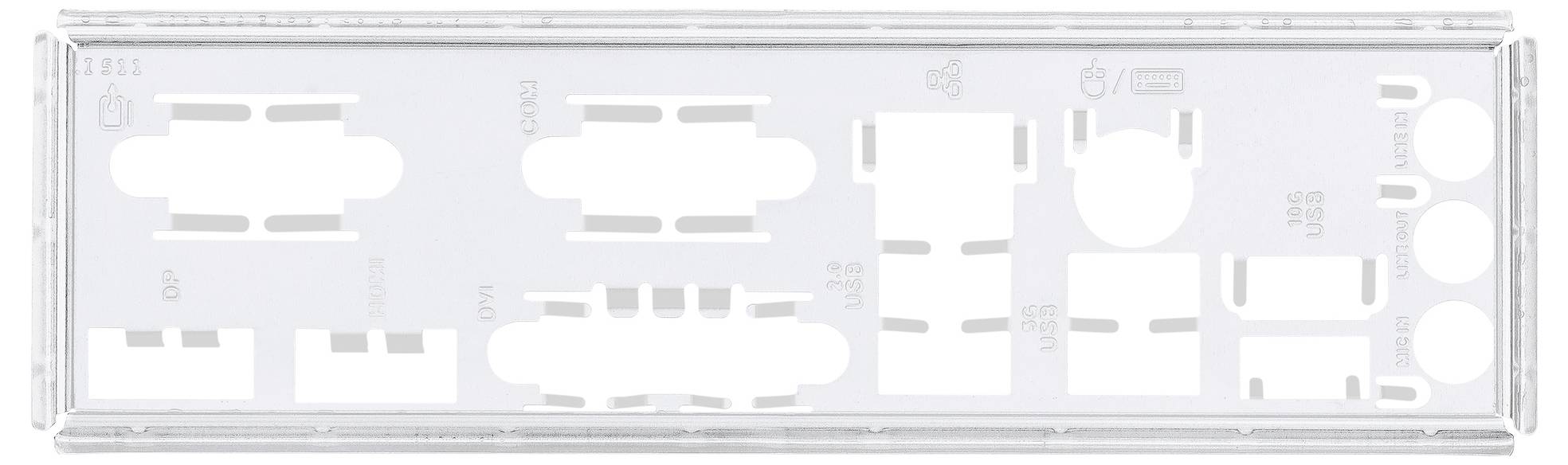 Ein leerer Computer-Motherboard-I/O-Blende mit verschiedenen Anschlussausschnitten für Anschlüsse wie USB, HDMI, Audio und Netzwerk.