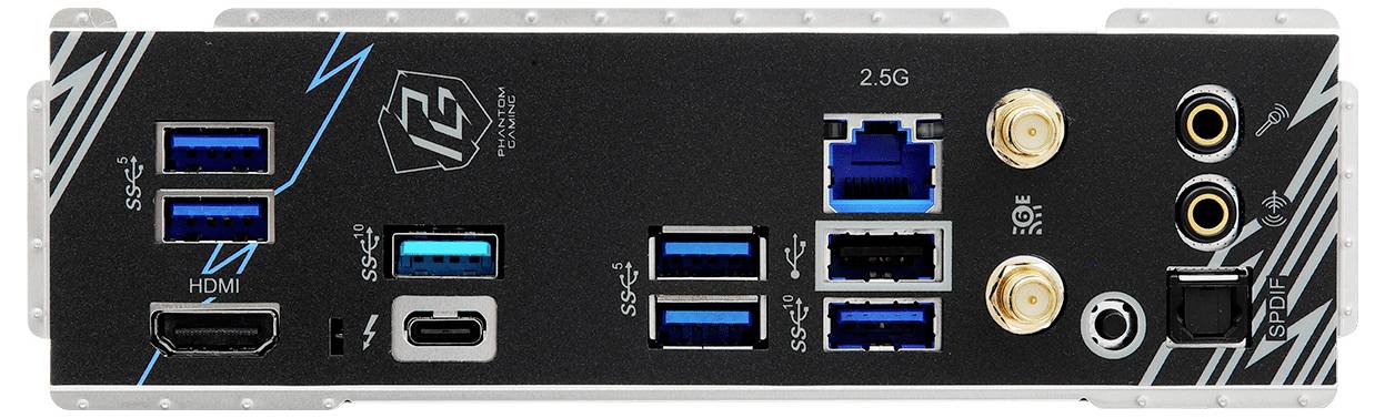 Eine Computermotherboard-Rückseite mit verschiedenen Anschlüssen: HDMI, USB, Ethernet, Audioeingänge und WLAN-Antennenanschlüssen für Geräteverbindungen.