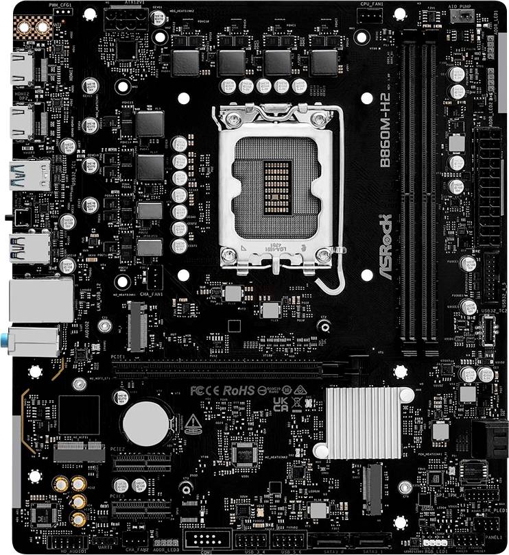 Eine schwarze ATX-Motherboard mit einem zentralen CPU-Sockel, RAM-Steckplätzen, PCIe-Steckplätzen, verschiedenen Anschlüssen und Anschlüssen für Computerkomponenten.