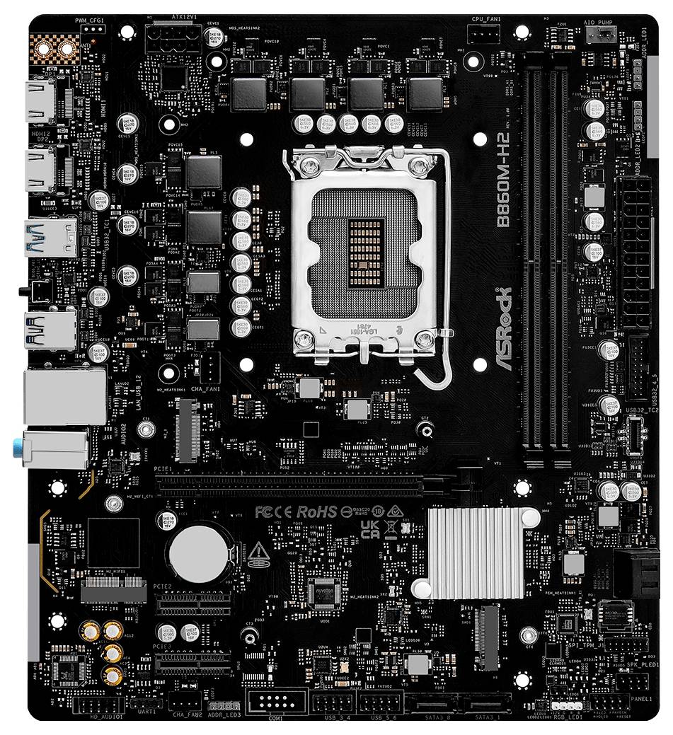 Eine schwarze ASRock B660M-HDV Mainboard mit sichtbaren Steckplätzen, Anschlüssen und Komponenten, einschließlich CPU-Sockel, RAM-Steckplätzen und Anschlüssen.