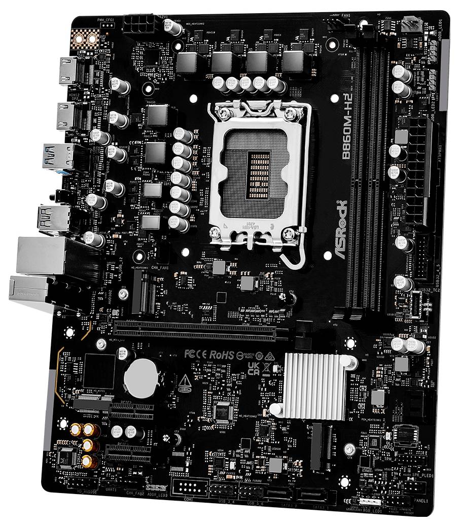 Eine Nahaufnahme eines Computermotherboards, das verschiedene Steckplätze, Schaltkreise und Anschlüsse zeigt, mit der Beschriftung ‚ASRock B660M-HDV'.