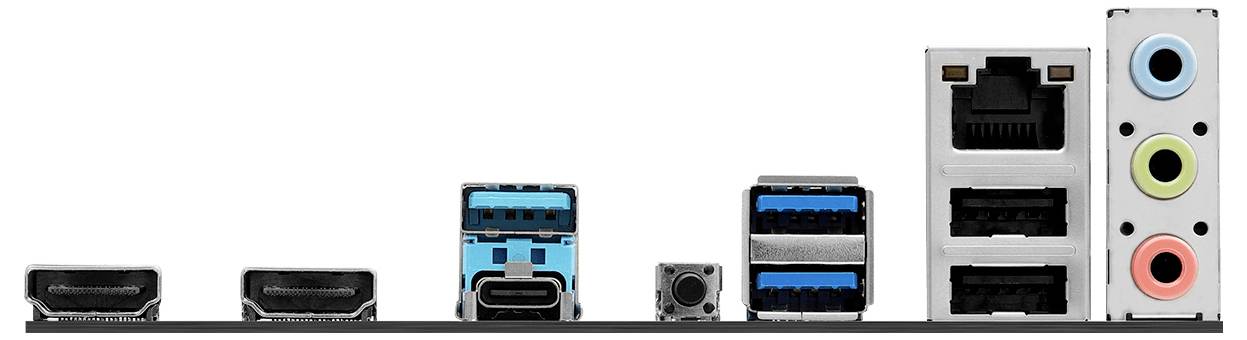 Eine Computermotherboard-Rückseite mit verschiedenen Anschlüssen: HDMI, USB Typ-A und Typ-C, Ethernet und Audiobuche.