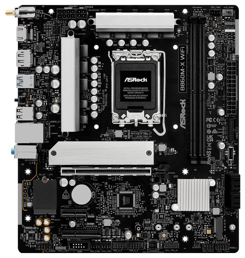 Eine schwarze ASRock B560M-X WiFi Mainboard mit verschiedenen Anschlüssen, Steckplätzen und Komponenten zum Aufbau eines Computers.