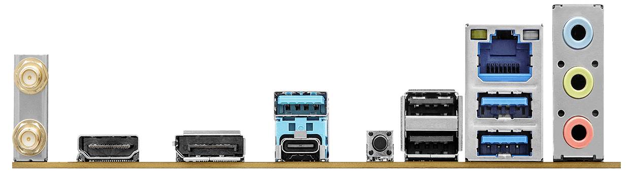 Das Bild zeigt die Anschlüsse auf der Rückseite eines Computermotherboards, einschließlich HDMI, USB-Ports, Ethernet, Audioausgängen und Antennenanschlüssen.