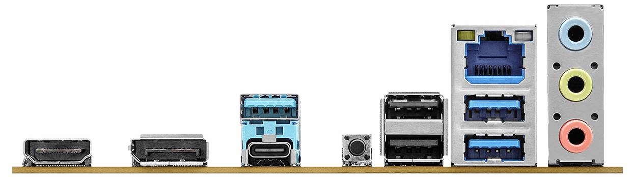 Verschiedene Computeranschlüsse, darunter HDMI, USB-C, USB Typ-A, Ethernet und Audioausgänge, sind nebeneinander in einer Reihe angeordnet.