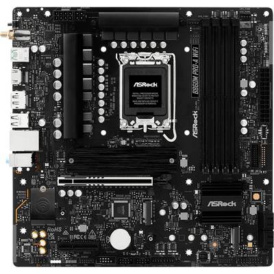 Eine Mainboard mit der Beschriftung 'ASRock B660M Pro4 WiFi', das mehrere Steckplätze und Anschlüsse für die Verbindung von Hardwarekomponenten aufweist.