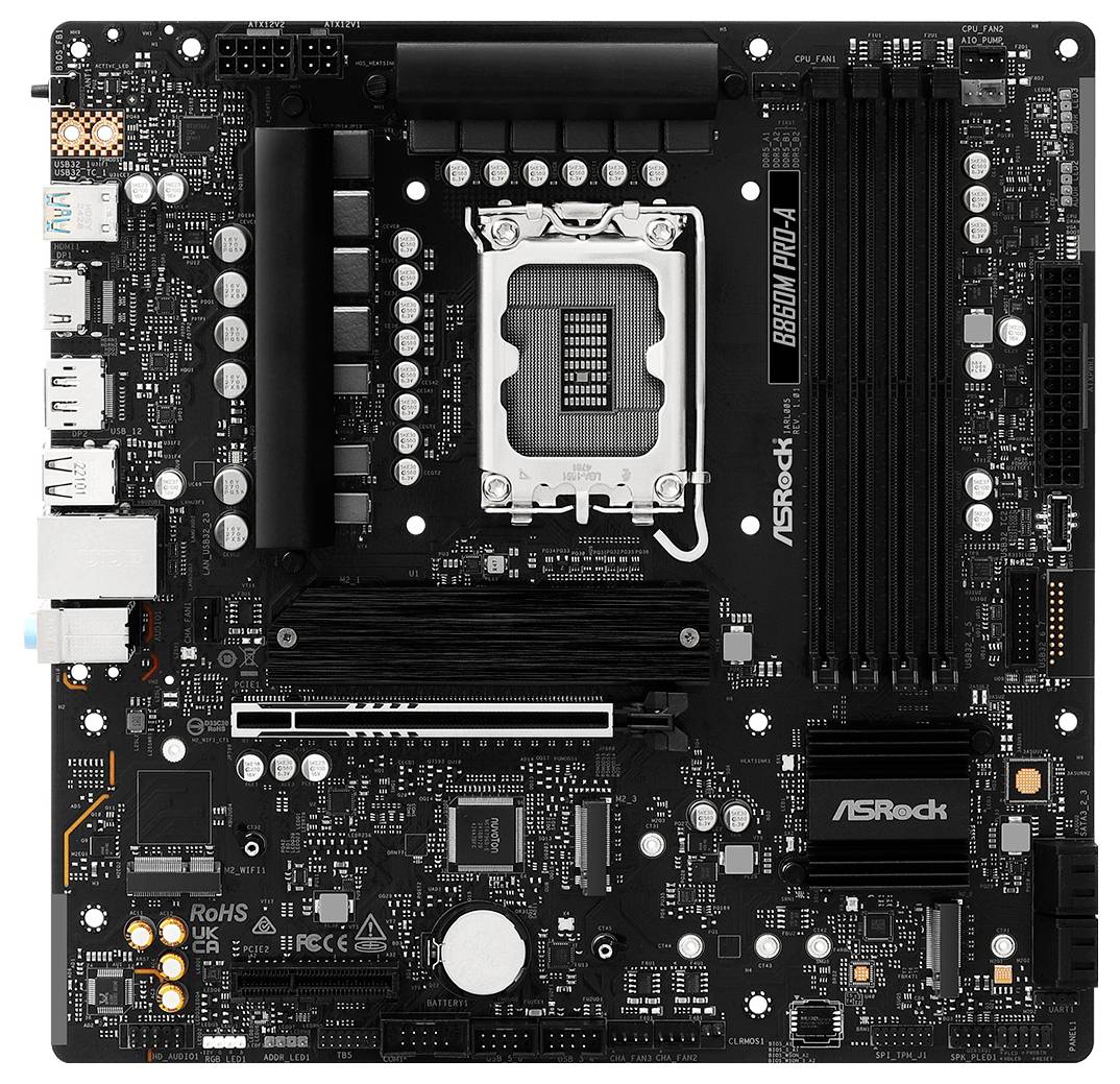 Eine Computermotherboard mit sichtbaren PCI-Steckplätzen, RAM-Steckplätzen und einem zentralen CPU-Sockel, gekennzeichnet mit 'G569M Pro4' von ASRock.
