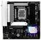 Eine Draufsicht eines schwarzen ASRock B660M PG Riptide Mainboards, das verschiedene Steckplätze für CPU, RAM und Speicher mit beschrifteten Komponenten zeigt.