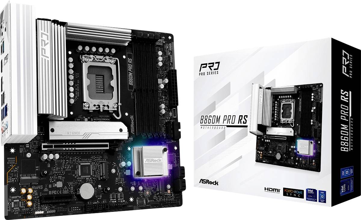 ASRock B660M Pro RS Mainboard, das mit seiner Verpackung präsentiert wird und die Branding der Pro Series, den Intel-Chipsatz und die RGB-Beleuchtung hervorhebt.