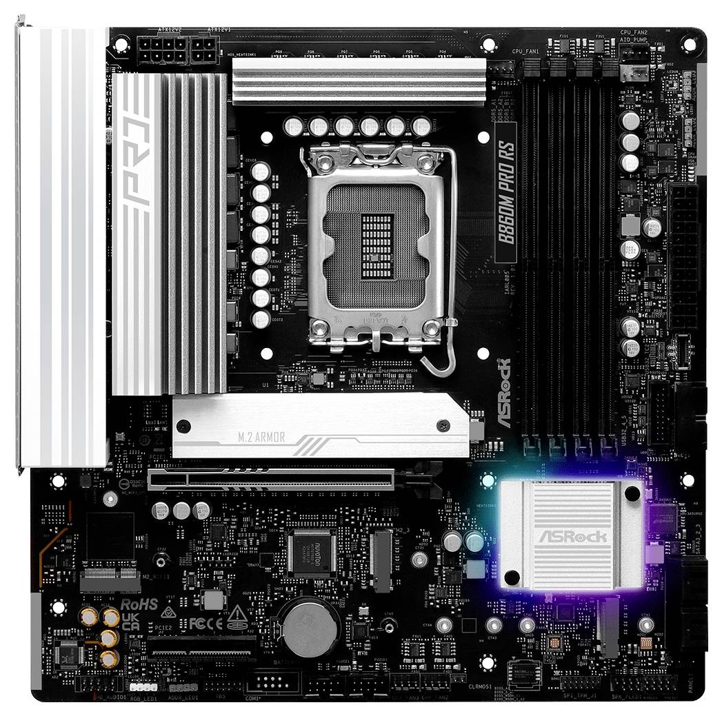 Ein schwarzes ASRock B660M Pro RS Mainboard mit sichtbarem CPU-Sockel, RAM-Steckplätzen und RGB-Beleuchtung in der unteren rechten Ecke.