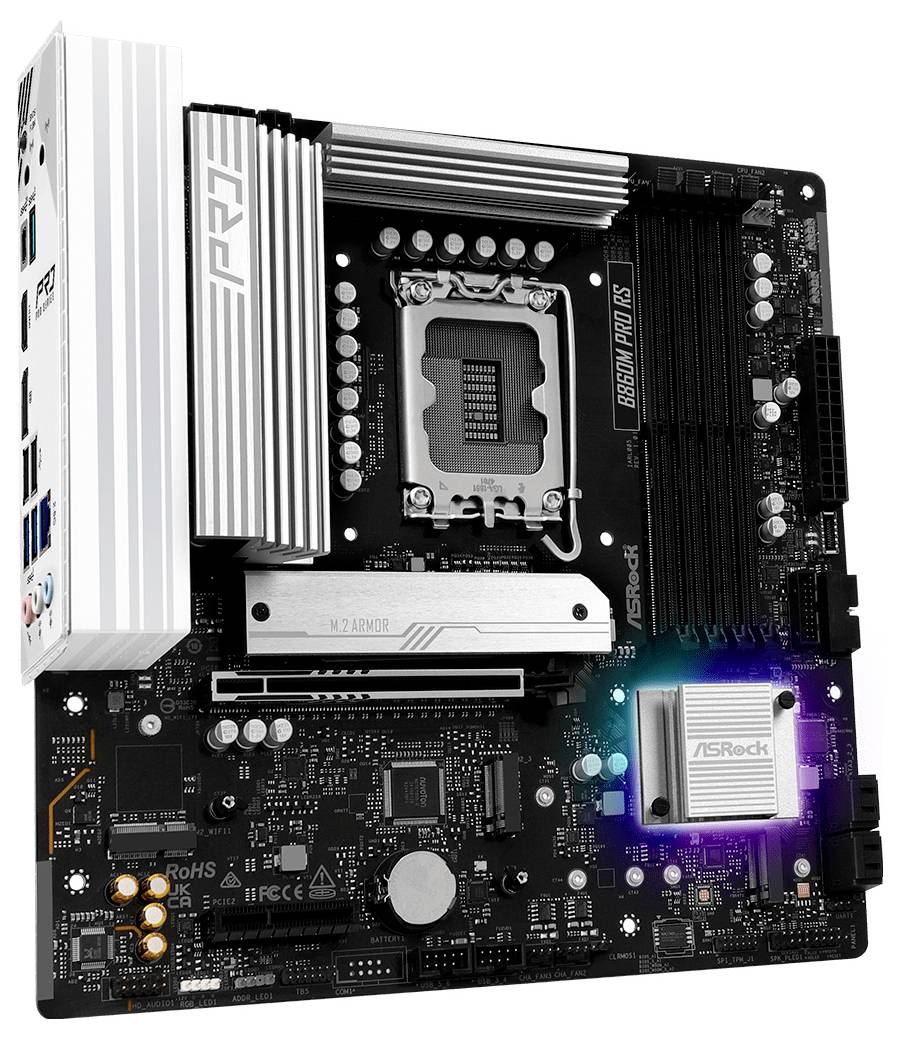 Eine Computermotherboard mit mehreren Steckplätzen für RAM, einem Sockel für den Zentralprozessor und verschiedenen Anschlüssen und Steckverbindern für Komponenten.