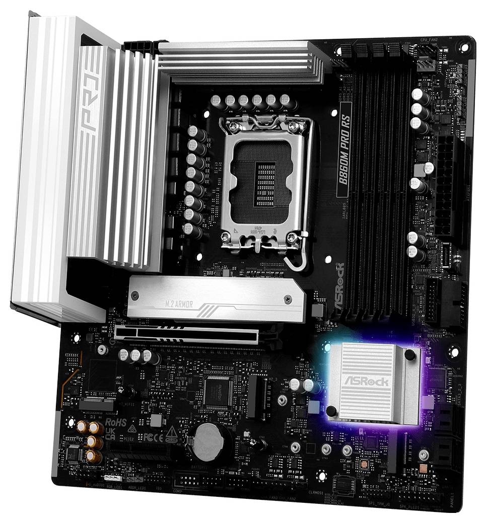 Eine Computermotherboard mit Steckplätzen für RAM, CPU und Anschlüssen für andere Komponenten. Sie enthält ein Kühlsystem und RGB-Beleuchtung.