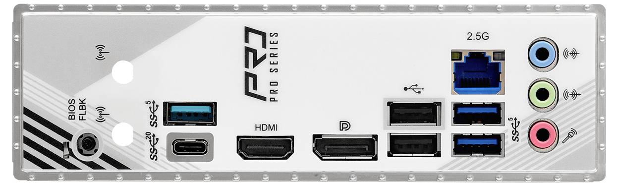 Das Bild zeigt die Rückseite einer PR7 Pro Series Motherboard mit Anschlüssen wie USB, HDMI, DisplayPort, Ethernet und Audiobuchsen.