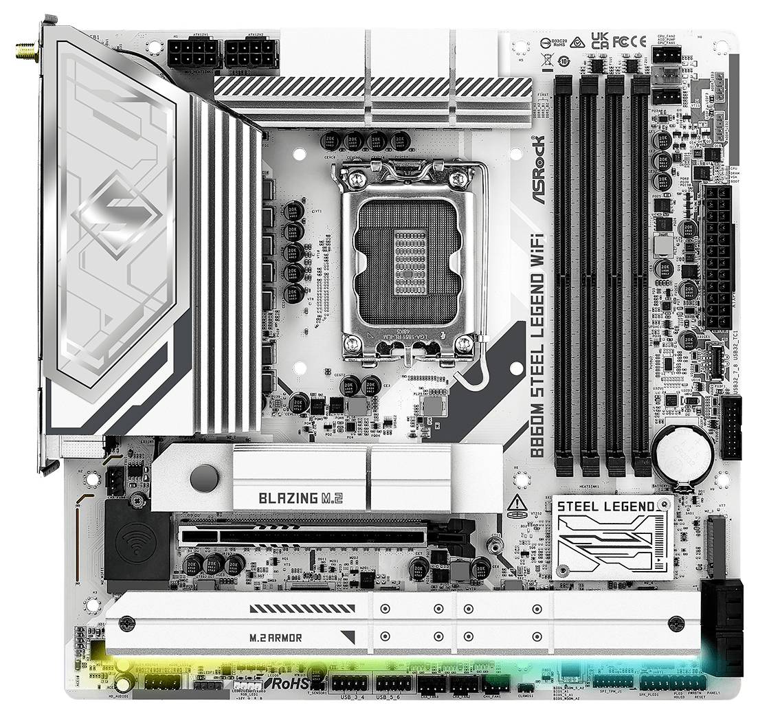 Draufsicht eines Motherboards mit verschiedenen Steckplätzen, Sockeln und Komponenten, einschließlich RAM-Steckplätzen, CPU-Sockel und Anschlüssen.